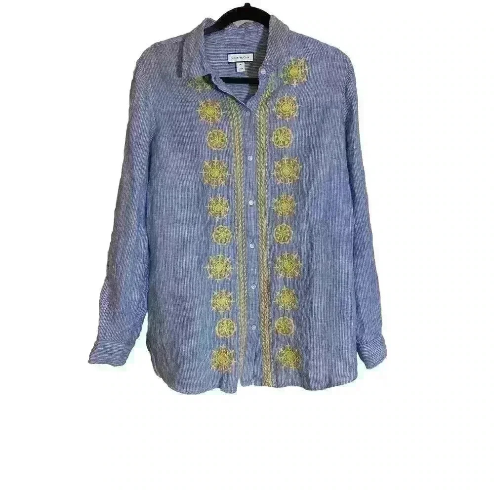 Charter Club Women Size Medium Blue and‎ White Strip Yellow Floral Embroidered